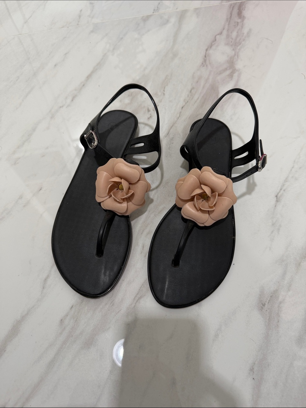 Melissa Black Sandals with Nude Flower Accent